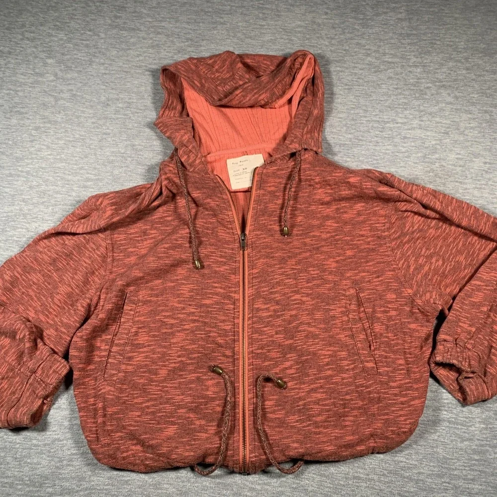 Free People Hoodie Womens XS Rust Red‎ Heathered Zip Up Drawstring Hem Pockets